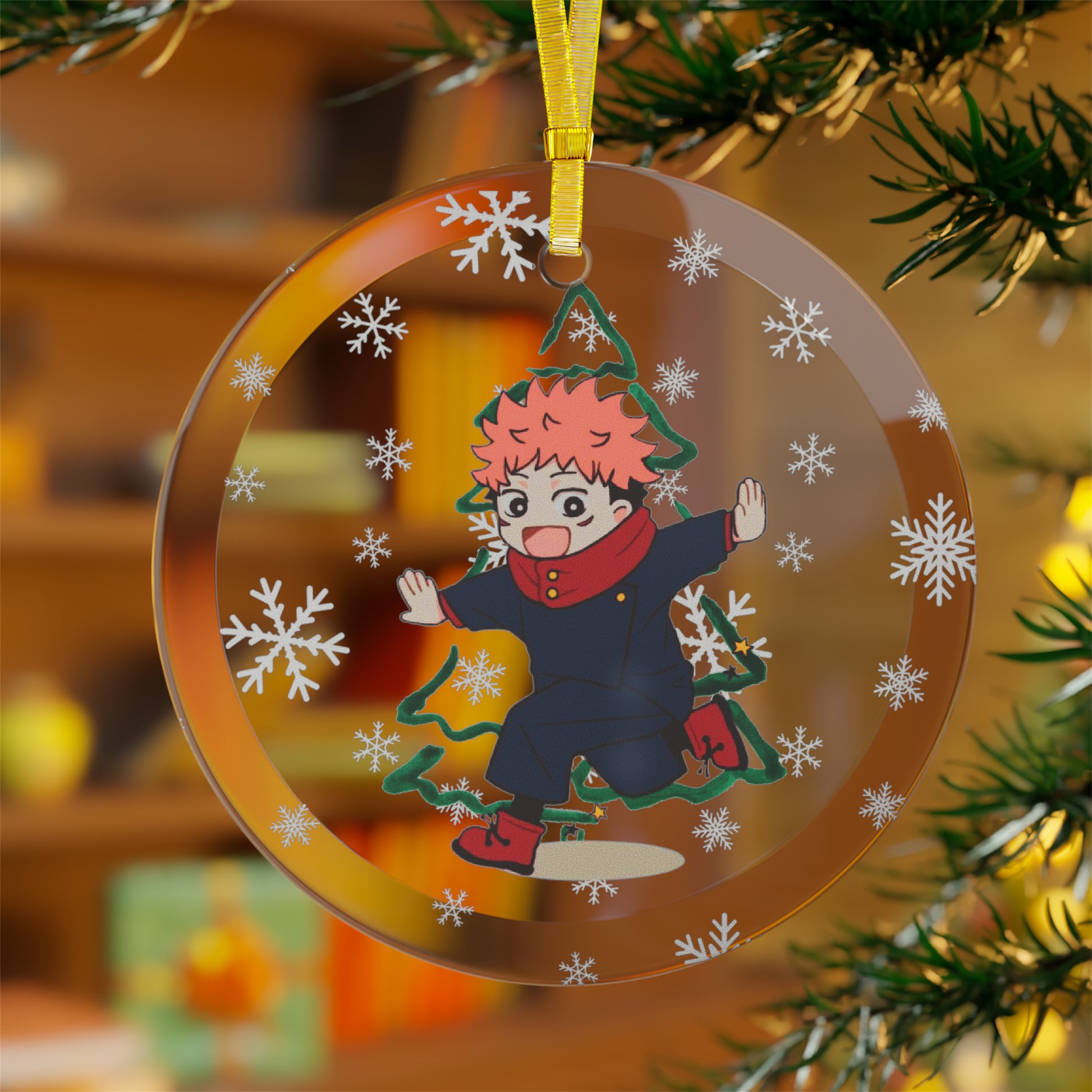 Anime Itadori Christmas Ornament - Exquisite Glass Decoration with Red Ribbon AnimeInkBug