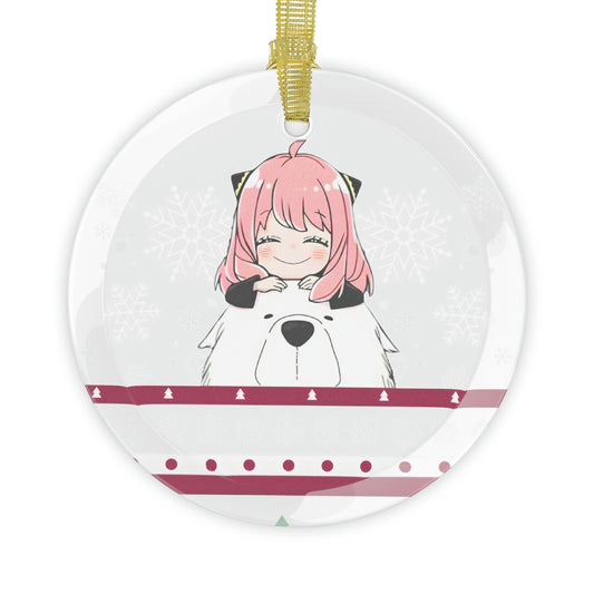 Anime Ornament Anya Festive Glass Decoration with Gold-Colored Ribbon AnimeInkBug