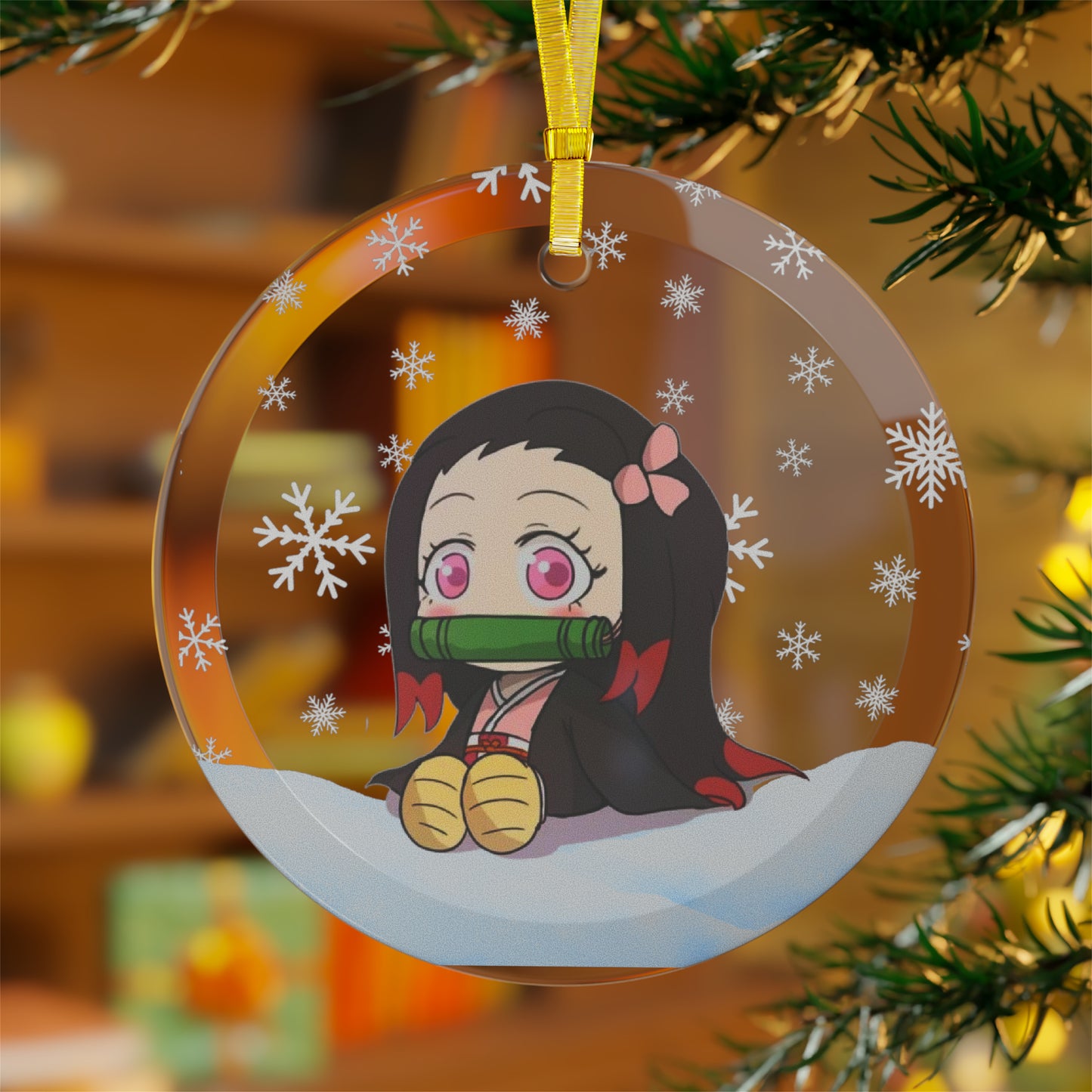 Kawaii Anime Glass Ornament -Charming Anime Decoration with Golden Ribbon AnimeInkBug