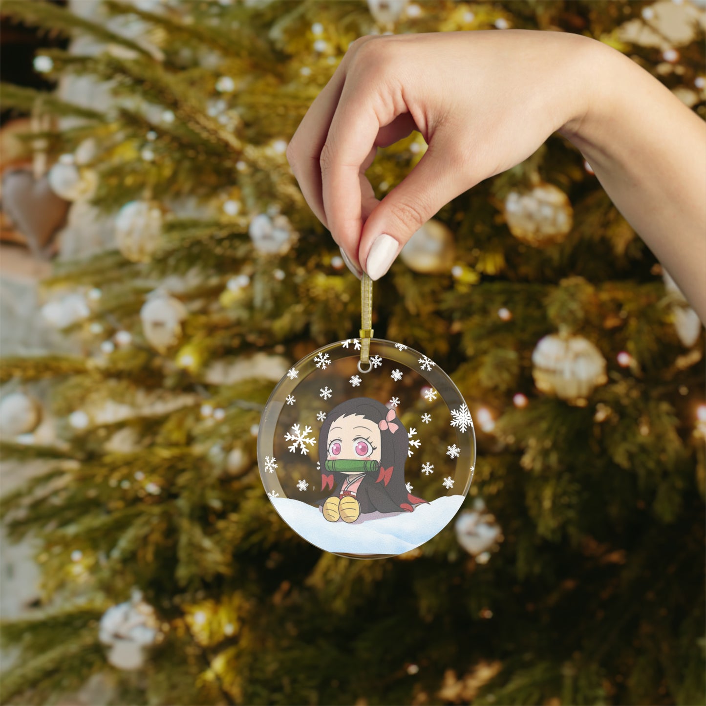 Kawaii Anime Glass Ornament -Charming Anime Decoration with Golden Ribbon AnimeInkBug